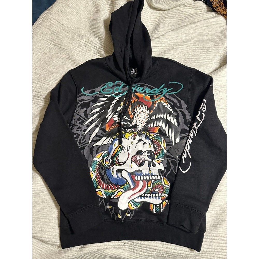 Ed Hardy Hoodie Battle Skull Black Pullover Hoodie Men's Sz Small
